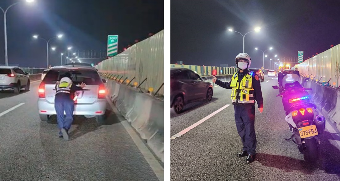 ▲圖說：劉文雄小隊長挽袖將故障車輛推至路旁，並於現場指揮交通 （圖／台中市政府提供）