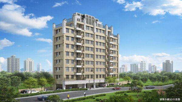 銘鑄五以歐風建築語彙融入對稱美學與立體線條，搭配石材基座與精緻鐵件修飾，於大有靜巷中形塑獨具品味的優雅建築。沉穩大器，外觀細節層層堆疊，體現鉅慶建設對美學與工藝的深厚追求。建築外觀3D示意圖／業者提供