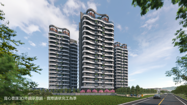 「寬心豐匯」坐擁2353坪基地,三棟建築採品字型配置。此為3D外觀示意圖。(圖/寬心豐匯提供)
